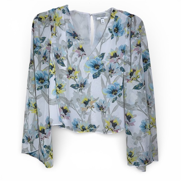Bar III Tops - Bar III Floral V-Neck Blouse with Wide Bell Sleeves Blue Yellow Gray Medium